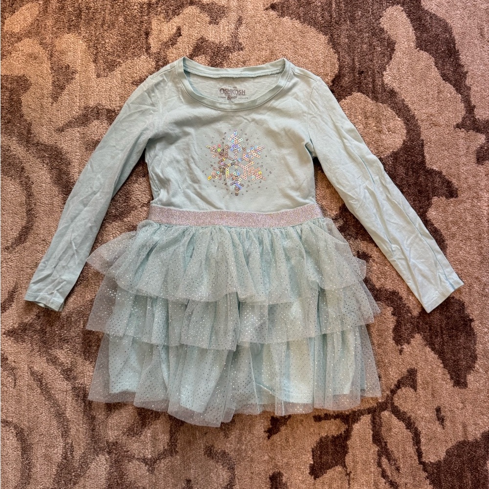 OshKosh B'gosh Mint Green Long-Sleeve Tiered Tulle Dress with Sparkle Snowflake